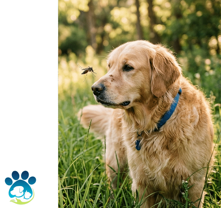 dog standing in a grassy field looking at a mosquito
